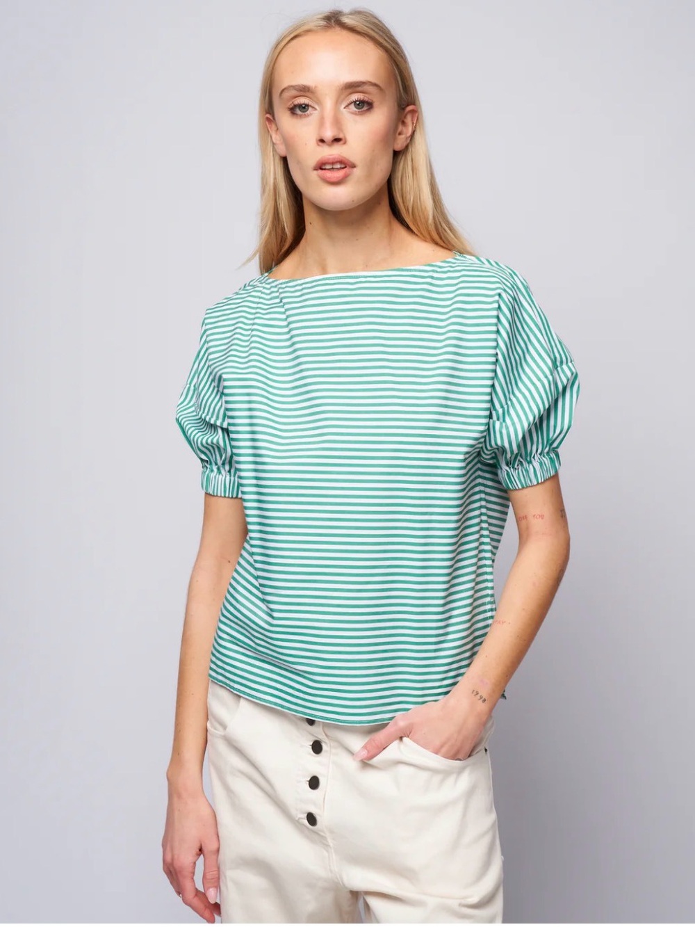 Rachel Comey Green White Striped Ballaton Top Puff Sleeves Size Large
